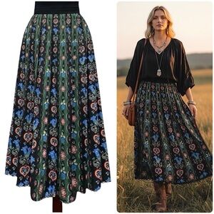 Vintage Landhaus Mode Trachten Midi Skirt Floral Heart Folk Oktoberfest Size S
